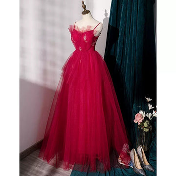 Simple A line Tulle Red Long Prom Dresses HZ1023